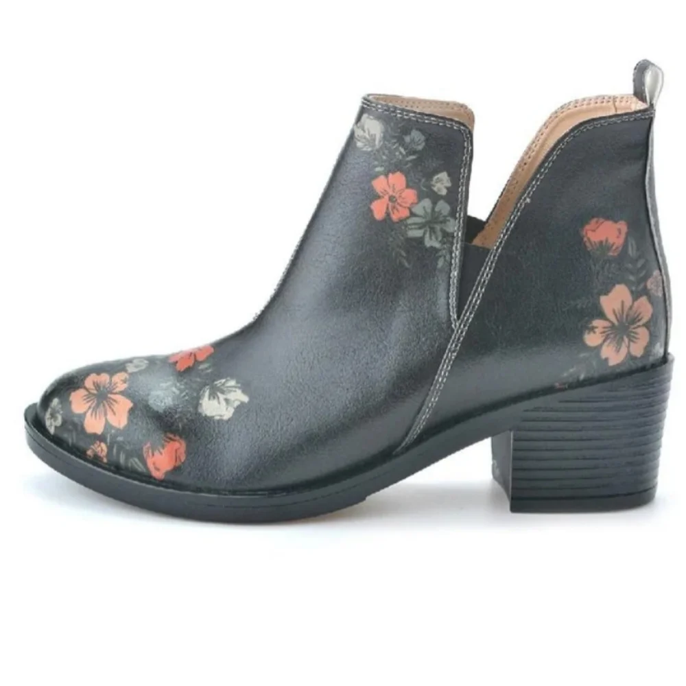 Goby Black Floral Boho Ankle Boots